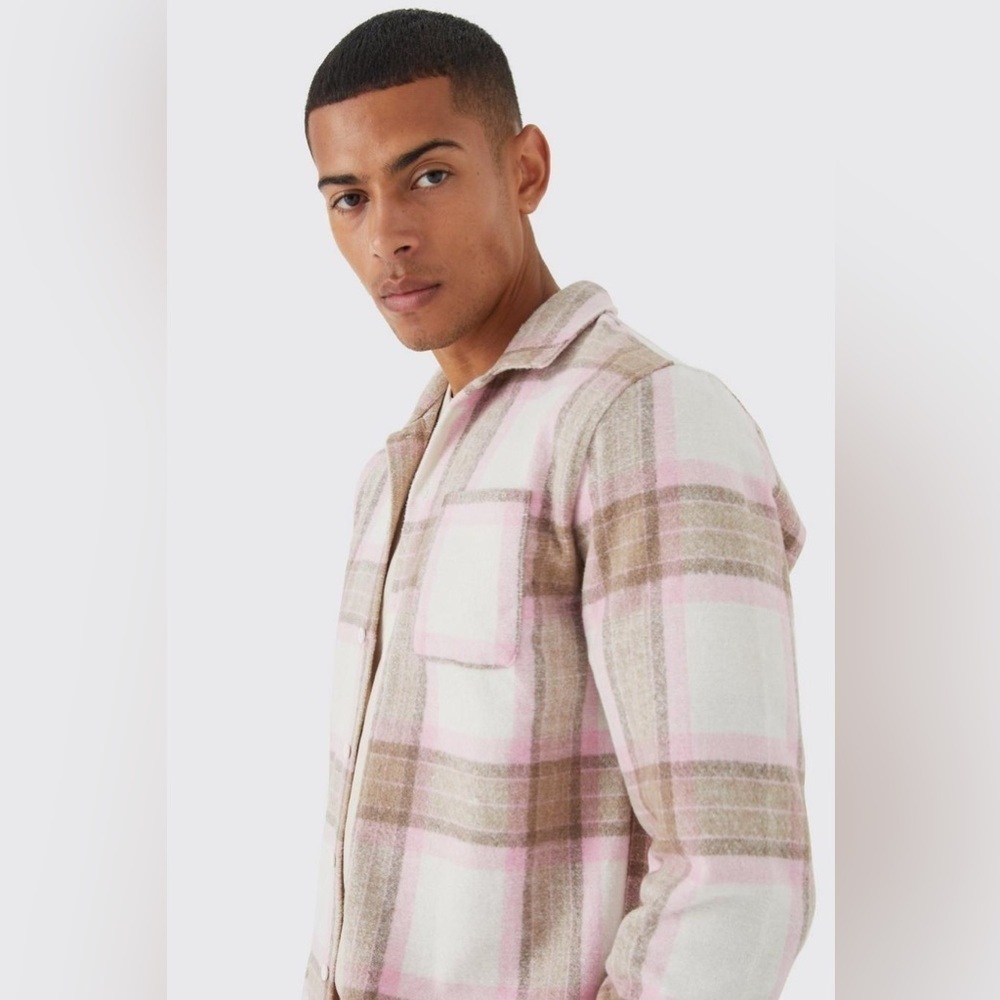 Boohoo Men's Pink and Brown Plaid Shirt Jacket